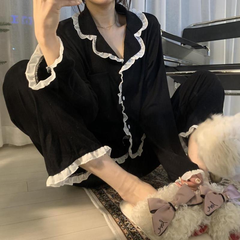 WeChat Online Popular Pajamas Women's Autumn and Winter Korean Style ins Style Lace Cute Long Sleeve Pants Set Women's Home Clothes