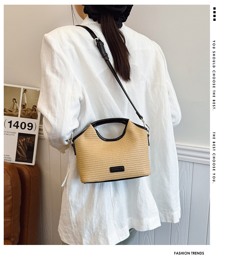 Fashionable bucket bag for women 2025 Summer new style work and commuting patchwork woven bag, simple and casual single-shoulder small bag, trendy full figure