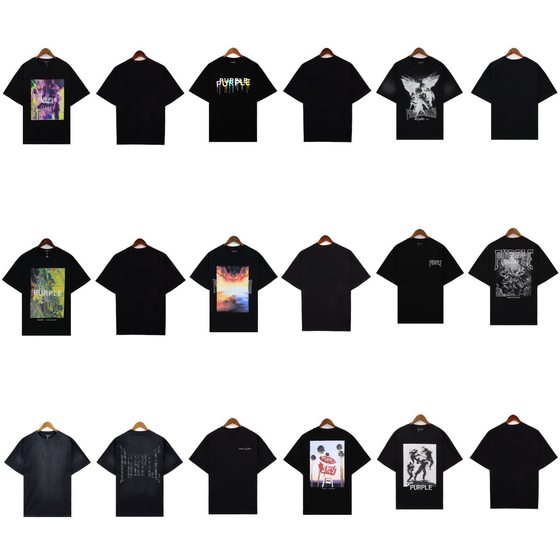 24S Cross-Border European and American Trendy Brand Purple Geometric Letter Pattern Printed Short-Sleeved T-Shirt for Men and Women American High Street Half-Sleeve