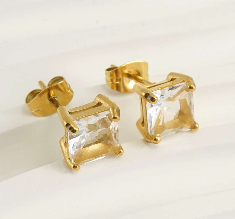 304 Stainless Steel Ear Needle Material 18K Gold Plated Plating Material Zircon Inlay Material 1 Pair Retro Square Inlaid Zircon 304 Stainless Steel Zircon 18K Gold Plated Stainless Steel Earrings