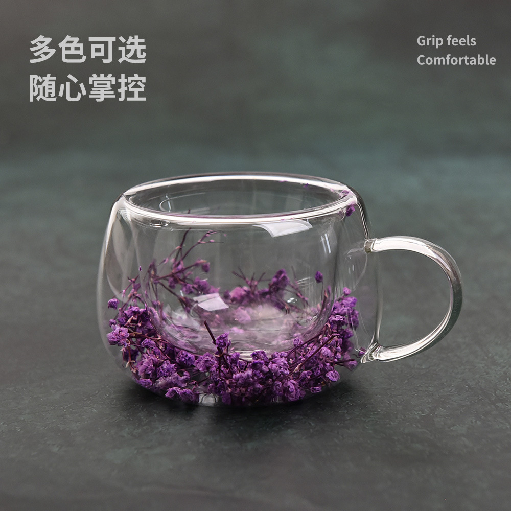 Taza de doble capa de alto borosilicato Taza de flor inmortal Taza de café de alto valor facial Taza de desayuno Taza de leche Taza de ceremonia de té Taza divisora de té