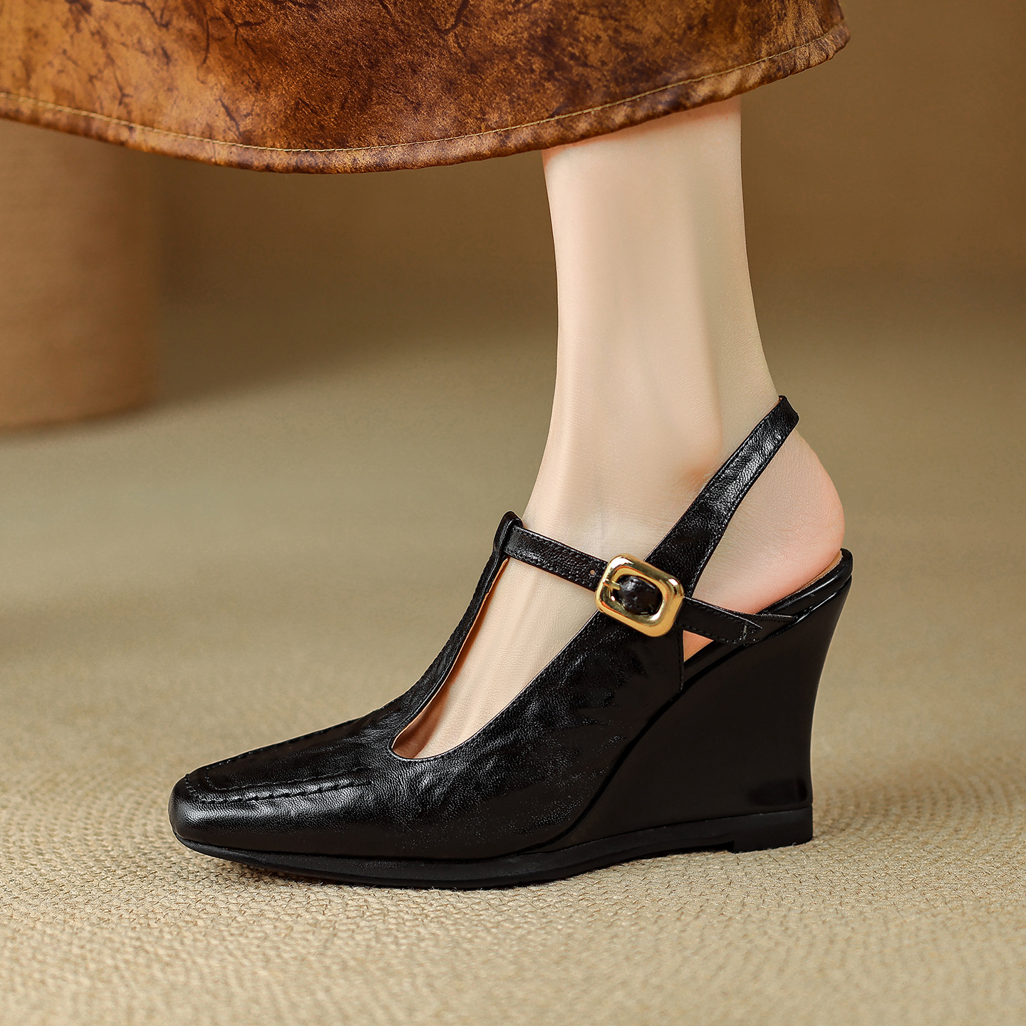 Sandal cao gót nữ mũi vuông quai chữ T đế xuồng da bò thật phong cách cổ điển — màu nâu, màu đen