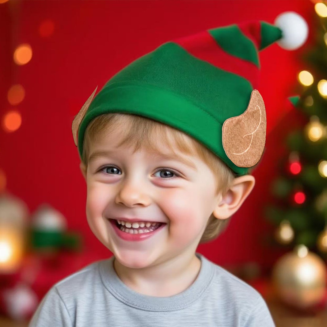 跨境圣诞帽小丑帽耳朵红绿条纹帽圣诞派对装饰品儿童精灵帽礼品