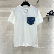 牛仔珠片口袋圆领T恤女 休闲舒适显瘦百搭短袖上衣早秋 CT83952