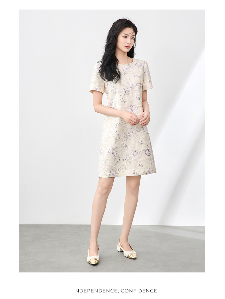 Váy chữ A thêu hoa đính sequin tinh tế, quý phái, dáng suông midi — Màu hồng chi tiết 12