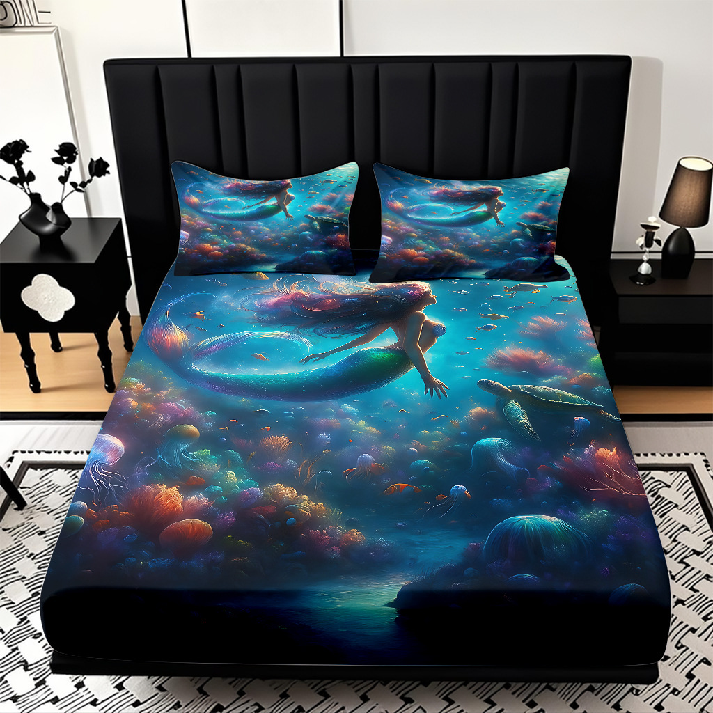 Modo JIT Temu serie de dibujos animados de sirena textil doméstico impresión digital cama de cama de cama kit fábrica de procesamiento