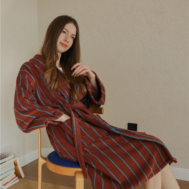 2026 New Classic Retro Striped Series Bathrobe with Color-Blocking Pure Cotton Combed Cotton Adult Couple Bathrobe