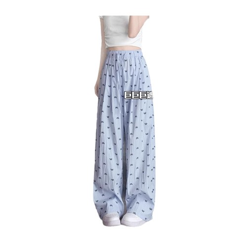 Blue Butterfly Knot Wide-Leg Pants for Women - Summer 2025 New Arrival High-Waist Drape Relaxed Slimming Casual Straight Ice Silk Pants