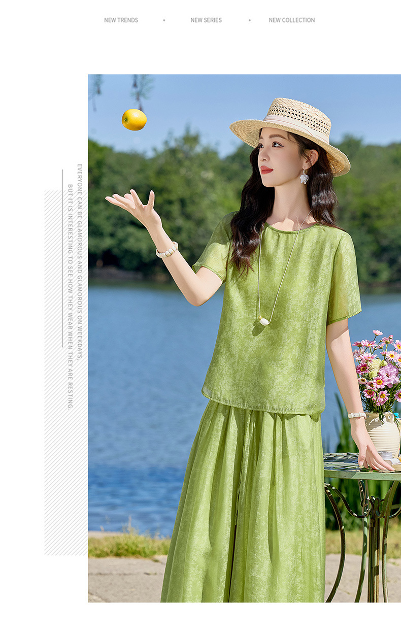 Bộ quần áo hai mảnh sơ mi hoa văn nổi quần ống rộng phong cách Trung Quốc mới — Xanh lá cây nhạtcolor, màu trắng chi tiết 14