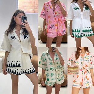 2024 Spring and Summer Women's Printed Drawstring Loose Shirt Shorts Commuting Pants Suit Women's European and American Pink White Light Pink