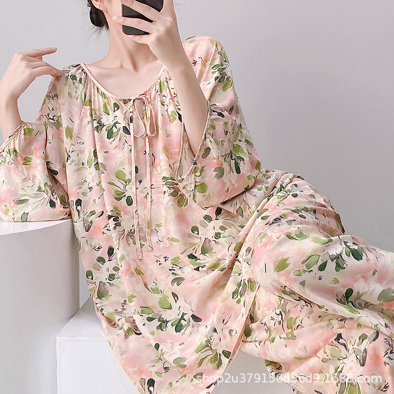 綿シルクパジャマ女性の夏の長袖クール肌に優しい通気性綿シルクホーム服空調服スーツ春と秋の薄いスタイル|undefined