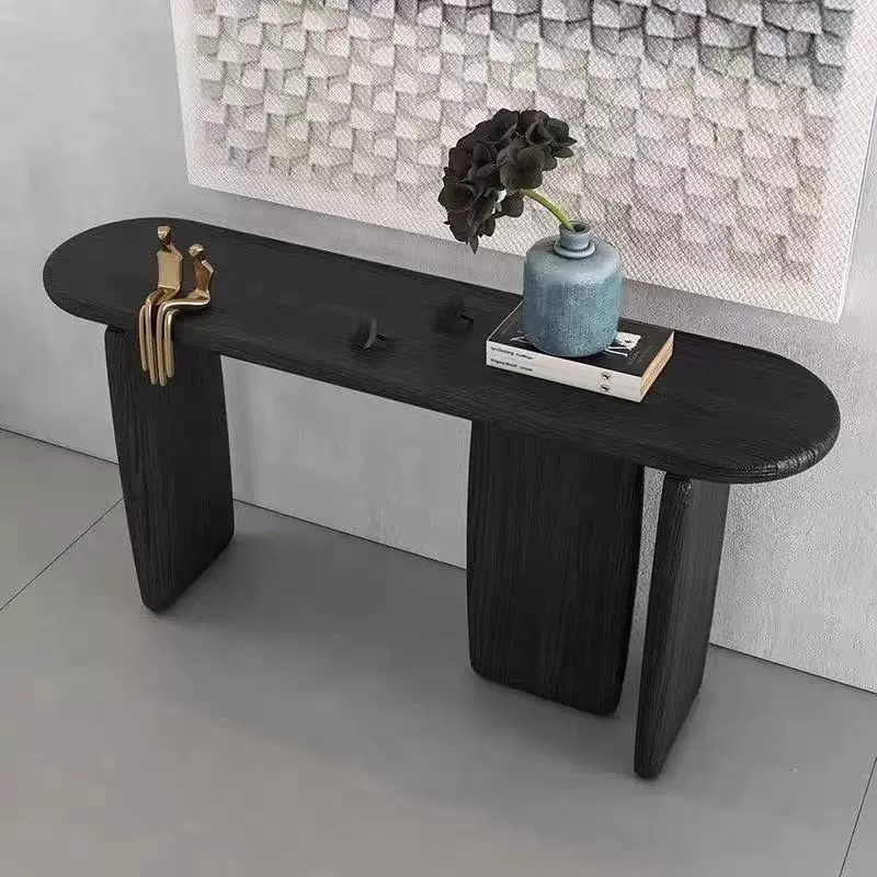 侘寂风弧形实木玄关桌子黑色现代靠墙简约中式入户端景台轻奢条案