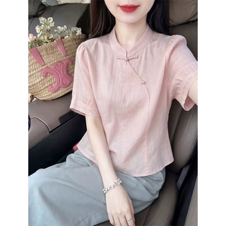 粉色新中式立领盘扣衬衫女夏季斜襟珍珠扣泡泡袖改良旗袍短袖上衣