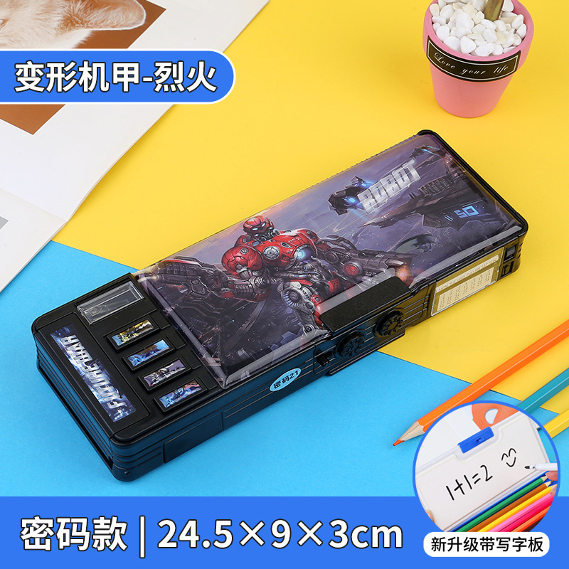 Caja de papelería con bloqueo de contraseña, botón multifunción, caja de lápices de gran capacidad de doble cara, dinosaurio, escuela primaria, niño, niña, jardín de infancia