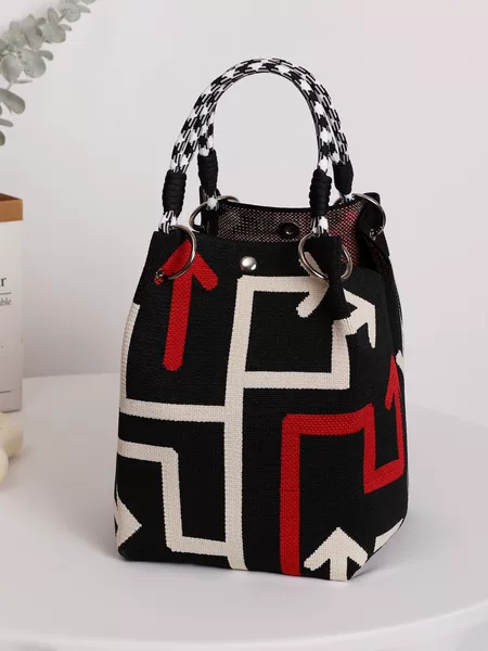 Geometric series: checkered, diamond-patterned, and striped knitted gift bags, tote bags, and hand-held bags