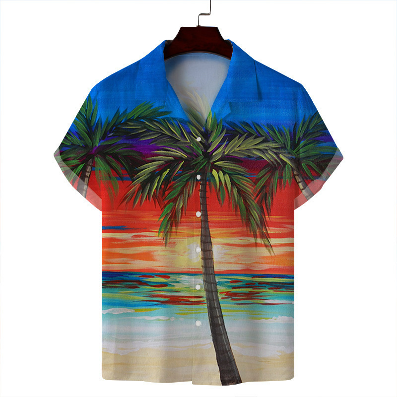 2024 verano hombre delgado casual cuello cubano moda cara hawaiana elástica camisa de manga corta con estampado digital 3D