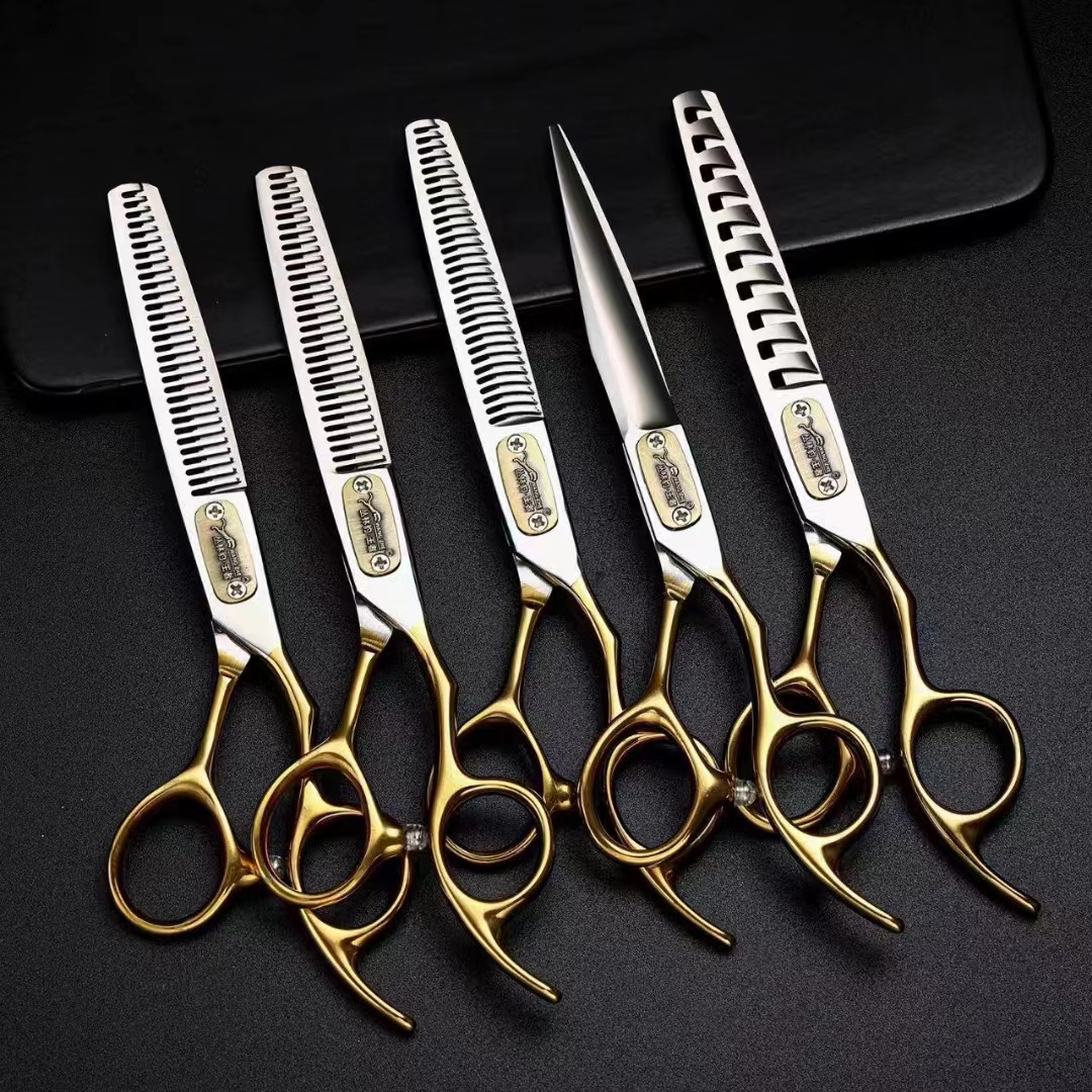 厂家批发美发剪刀 半金色手柄 盖板款 鱼骨剪 BJ-6寸 牙剪 鹿角剪