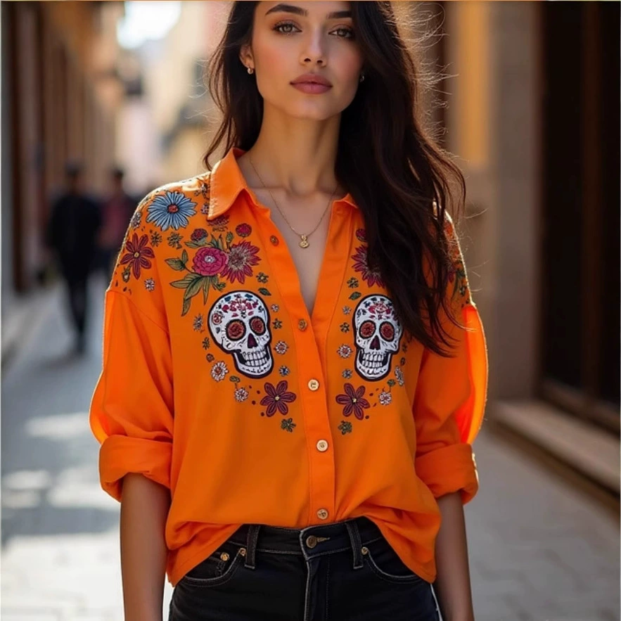 Amazon Independent Station, трансграничная европейская и американская мода, новая женская модная рубашка с длинными рукавами и лацканами большого размера с 3D-принтом