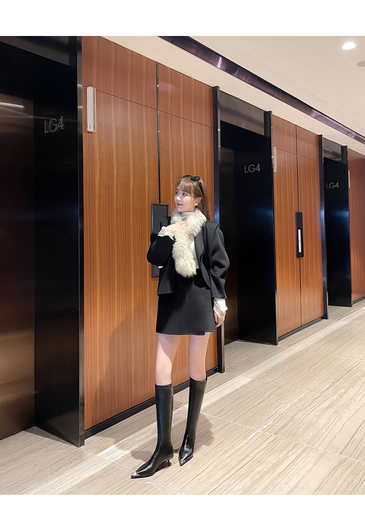 Bốt nữ cổ cao mũi nhọn kim loại co giãn, phong cách kỵ sĩ cao gót thon gọn — Màu kaki lót nhung chi tiết 10