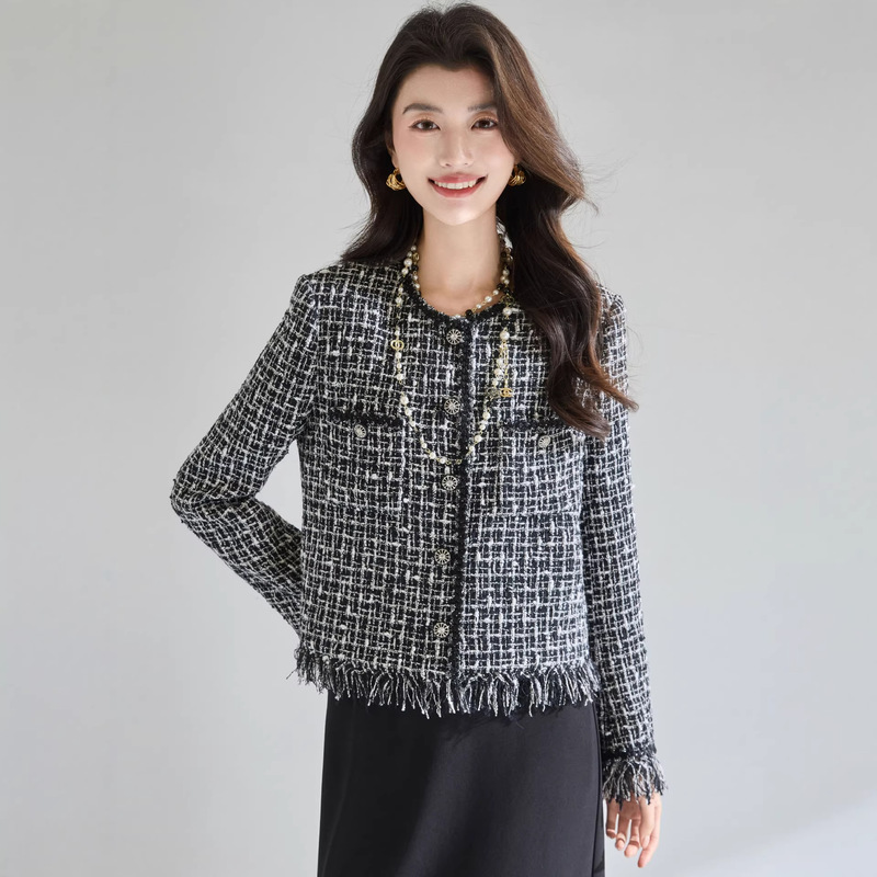 【Shenghong】Spring Black and White Chanel-Style High-End Luxury Elegant Heavy-Duty Tassel Versatile Short Jacket