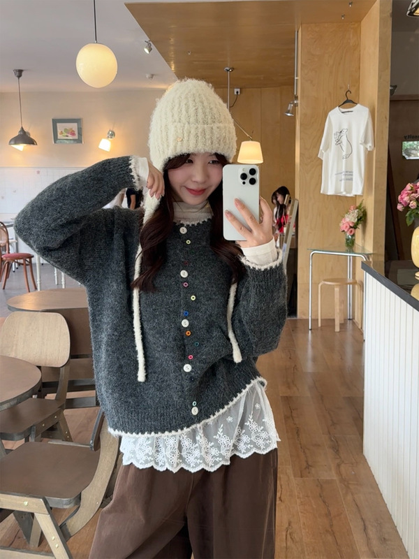 实拍~秋季新款韩版宽松彩扣撞色软糯百搭针织毛衣开衫外套女88410|undefined