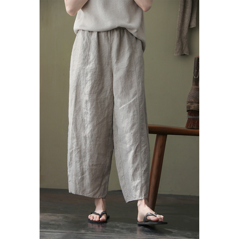 2022 New Arrival Rainy Linen Elastic Waist Loose Casual Cropped Carrot Pants Seating Pants