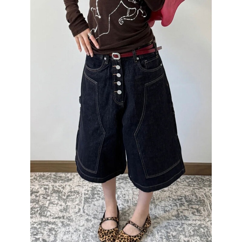 American-Style Vibe Washed Multi-Button Lumberjack Workwear Cropped Jeans for Women, Spring and Summer Street Style Straight Loose Wide-Leg Pants