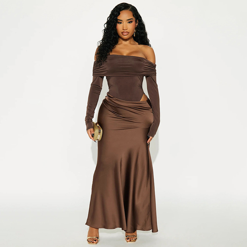 J25DS361 European and American women's clothing, new autumn and winter solid color elegant slim-fit satin off-shoulder long-sleeve maxi dress J25DS361 European and American women's clothing, new autumn and winter solid color elegant slim-fit satin off-shoulder long-sleeve maxi dress