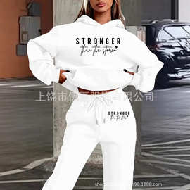 厂家直销欧美秋冬季亚马逊新款女装字母印花抓毛卫衣套装印花