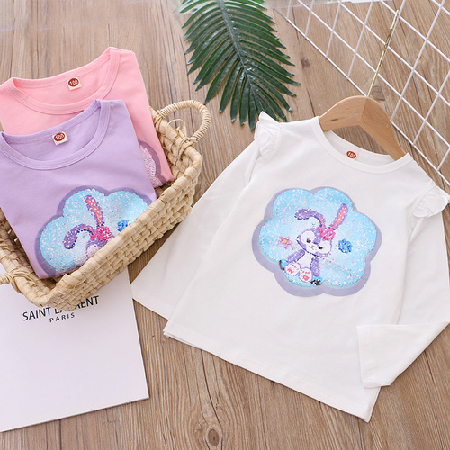 Children's clothing autumn new style girls' T-shirts long-sleeved children's bottoming shirts color-changing sequined tops