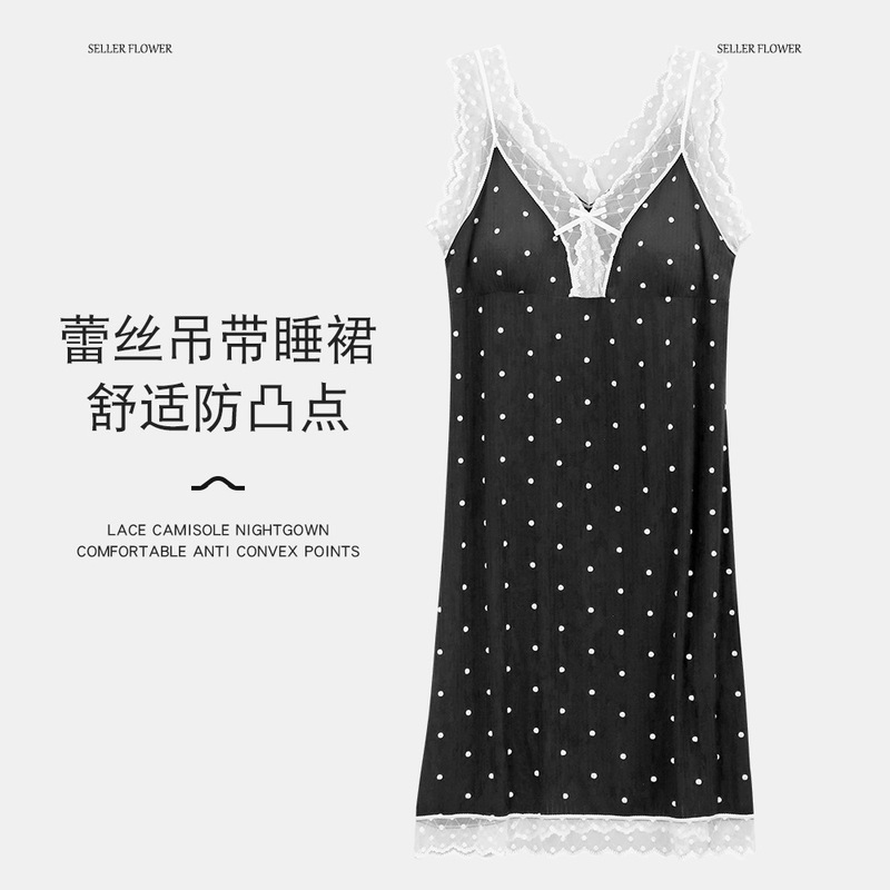 Summer Women's Sling with Chest Pad Nightdress Sleeveless Home Dress Pajamas Sweet Polka Dot Lace Modal High-end Sense