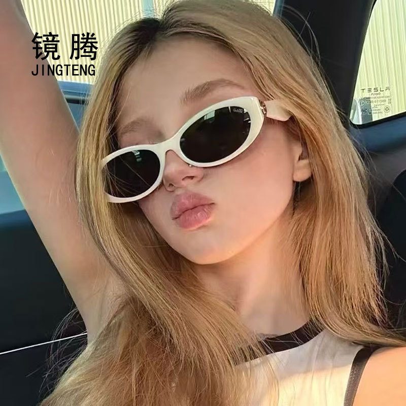 흰색 타원형 고양이의 눈 선글라스 여성 높은 감각 Ins 유럽과 미국의 뜨거운 소녀 Y2K 안경 유행 선글라스 UV 보호