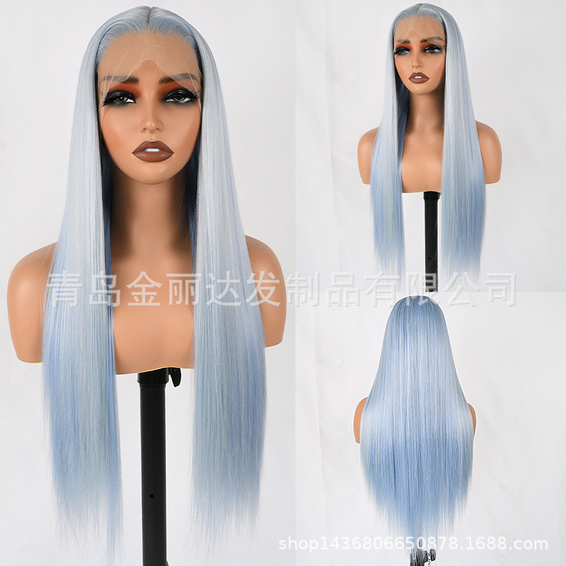 European and American Style Wigs, Women's Lace Front Hand-Tied Wig, Light Blue Long Straight Hair, High-Temperature Fiber Synthetic Wig Cap
