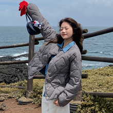 气质2024年秋冬新款韩版羽绒棉服女短款轻薄圆领格子棉袄休闲外