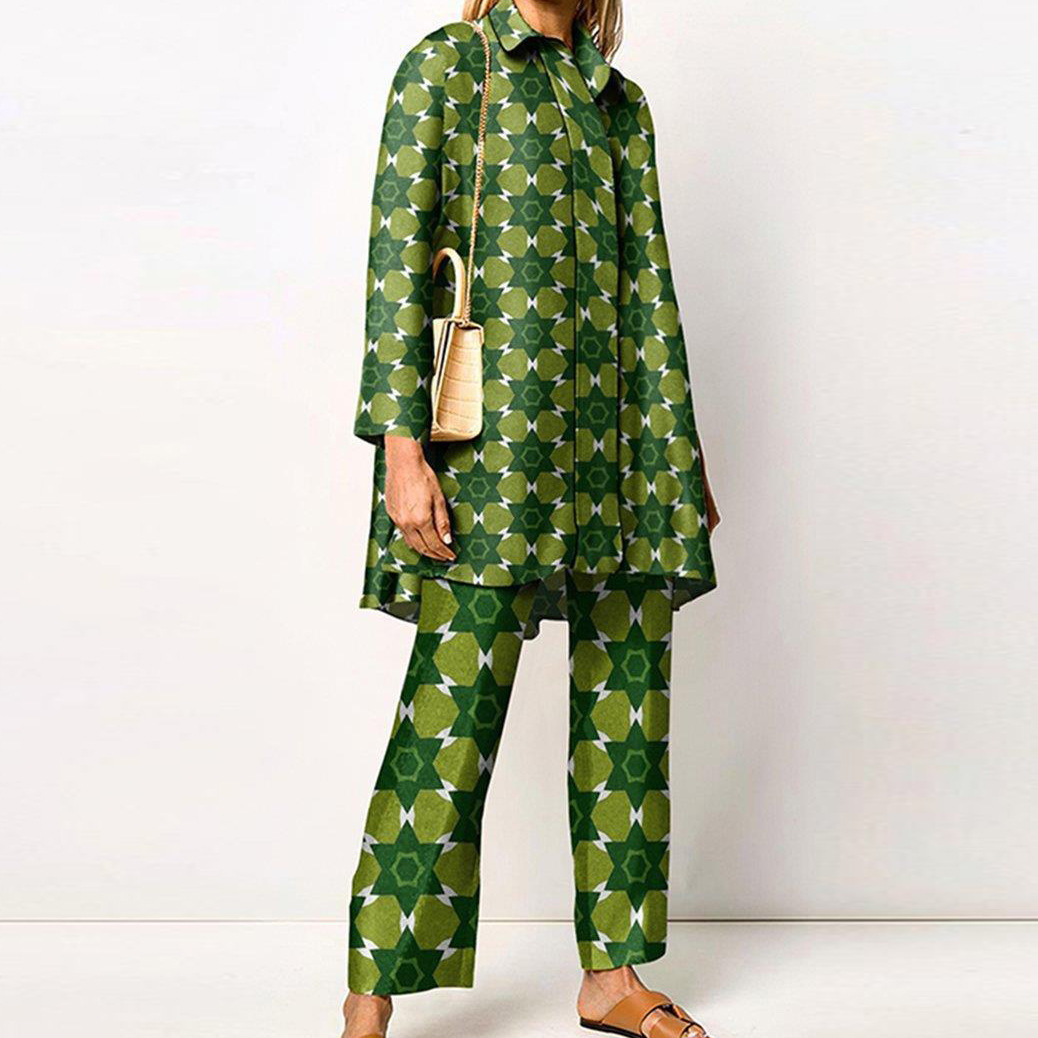 Completo pantalone donna primavera estate camicia stampa maniche_voghion.com