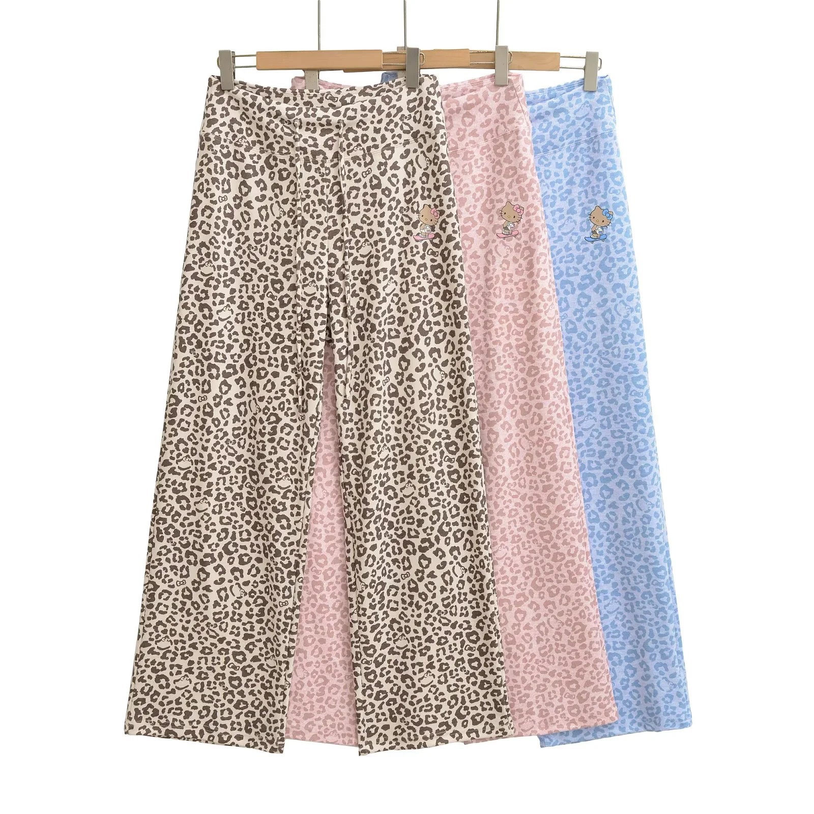 美式辣妹豹纹阔腿直筒裤居家长裤秋冬百搭休闲猫咪印花慵懒卫裤