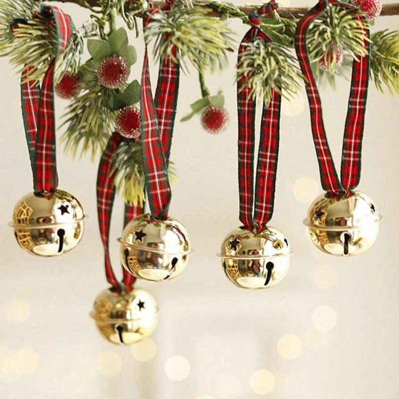 Christmas golden bell pendant with red plaid ribbon, Christmas tree decoration accessory, festive atmosphere decoration bell