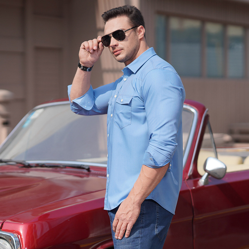 European American Cross-border Plus-size Men's Long-sleeve Denim Solid Color Casual Shirt, Loose Oversized,_voghion.com