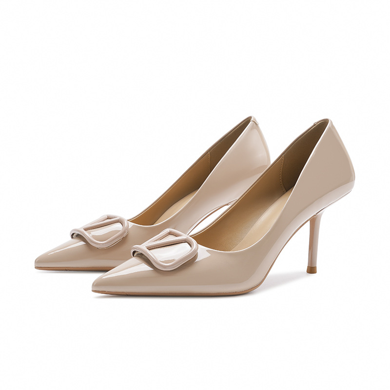 Giày cao gót nữ mũi nhọn gót nhọn da bóng Pháp — bột khỏa thân