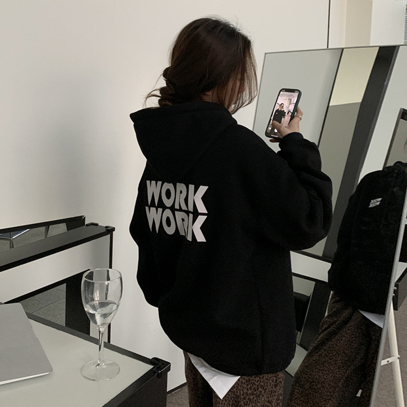 68223#250g Korean version of ins fleece-lined letter hoodie loose hooded sweater long sleeve pullover jacket