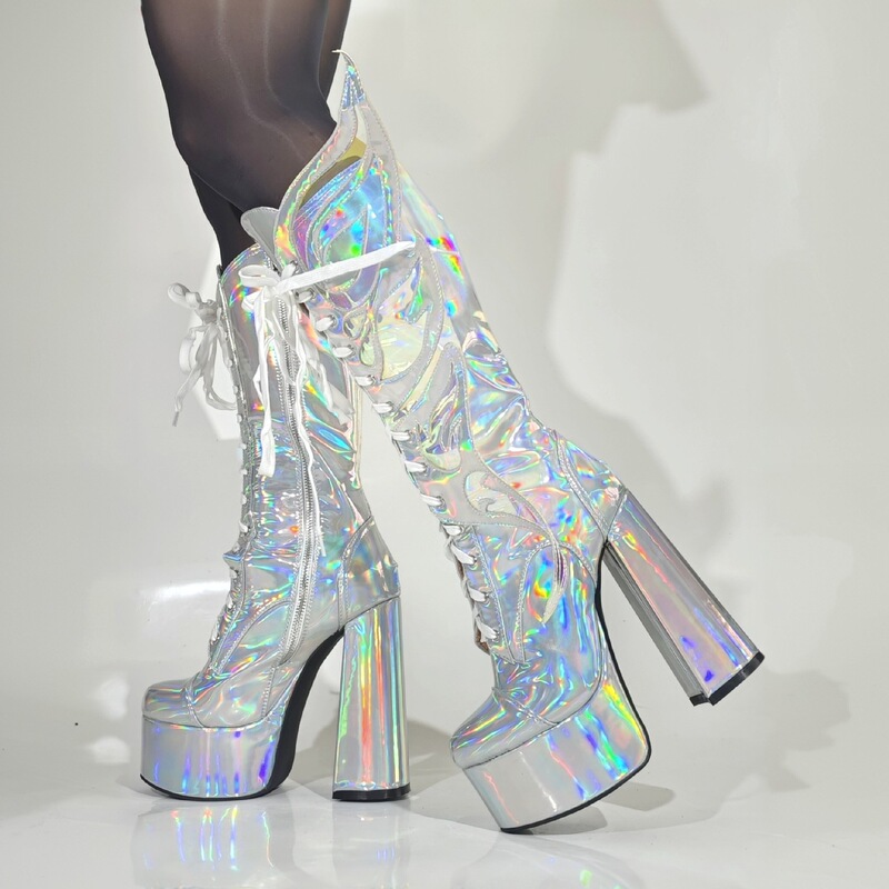 European and American Foreign Trade Cross-Border Black Wings Silver Fantasy Leather Sexy Music Festival Thick Heel High Heel Large Size 44 Women's Mid-Length Boots