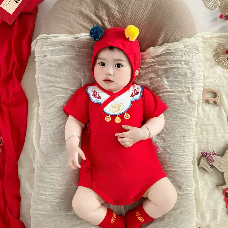 2025夏季男女同款宝宝周岁宴百天爬服喜庆红色绣花短袖哈衣5320
