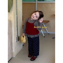 奶油套装2025秋季新款韩系宝宝吊带花边t恤上衣波点长裤两件套潮
