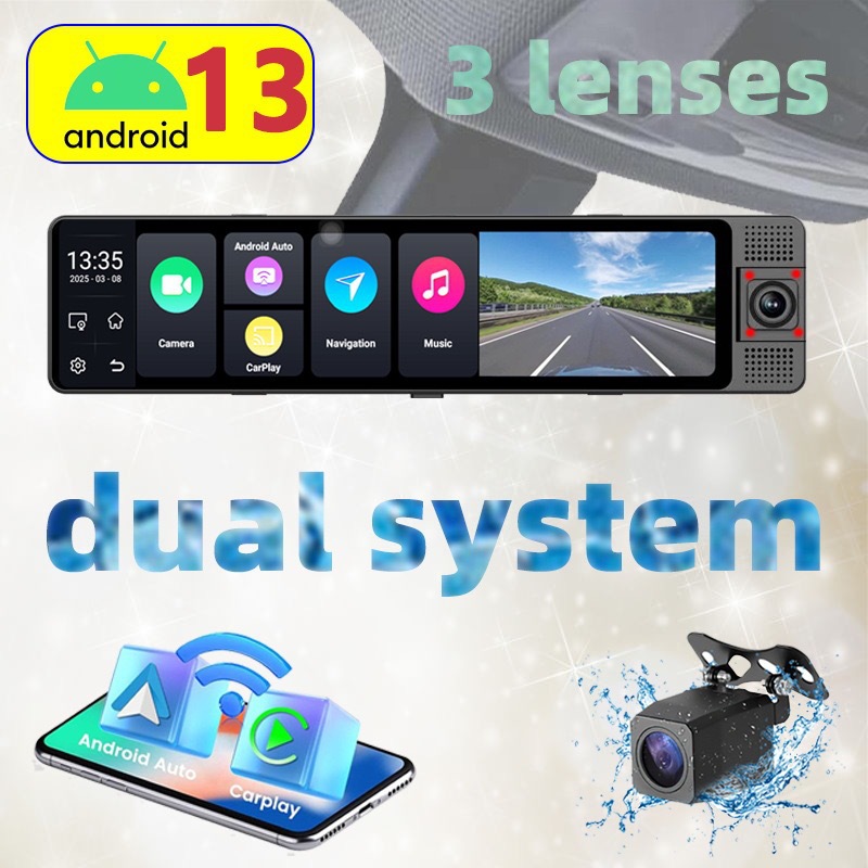 Three-Lens 4g Android 13 System 12-Inch 4+64Gb Large Memory Screen Mirroring Carplay Dash Cam Phone