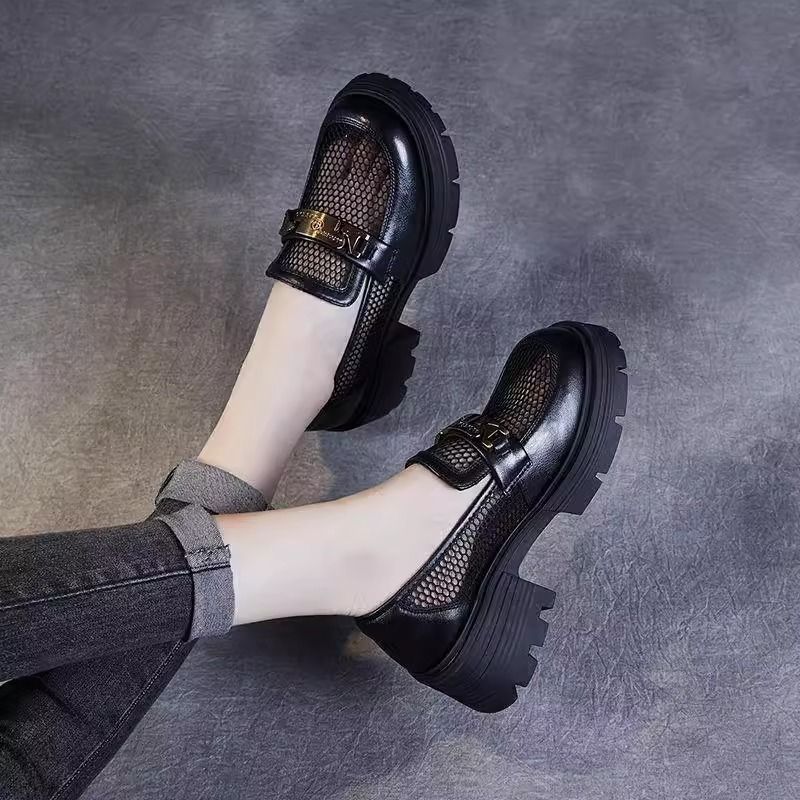 Zapatos Lofu de suela gruesa de malla para mujer 2025 nuevos zapatos de mujer de un solo pedal estilo de verano zapatos de cuero de estilo británico zapatos individuales huecos