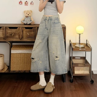 街头做旧破洞磨白七分牛仔裤女夏季大码宽松直筒修身显瘦阔腿裤潮