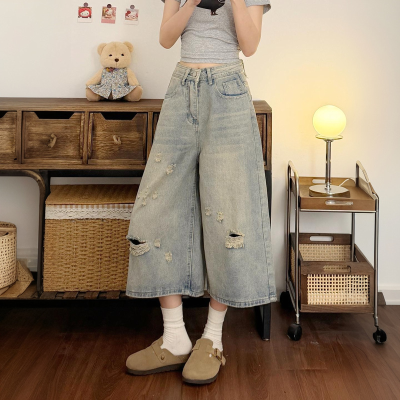 Street-style distressed ripped and faded cropped jeans for women, summer plus-size loose straight slim-fit wide-leg pants, trendy