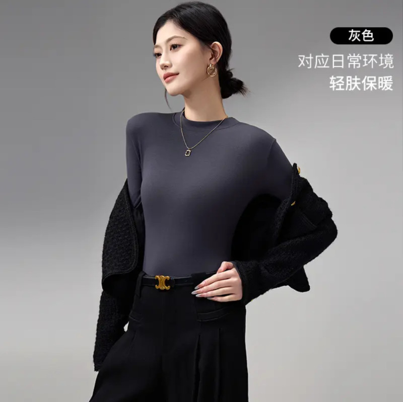 莫代尔小立领打底衫女长袖春秋冬加绒修身气质女装半高领内搭上衣|undefined