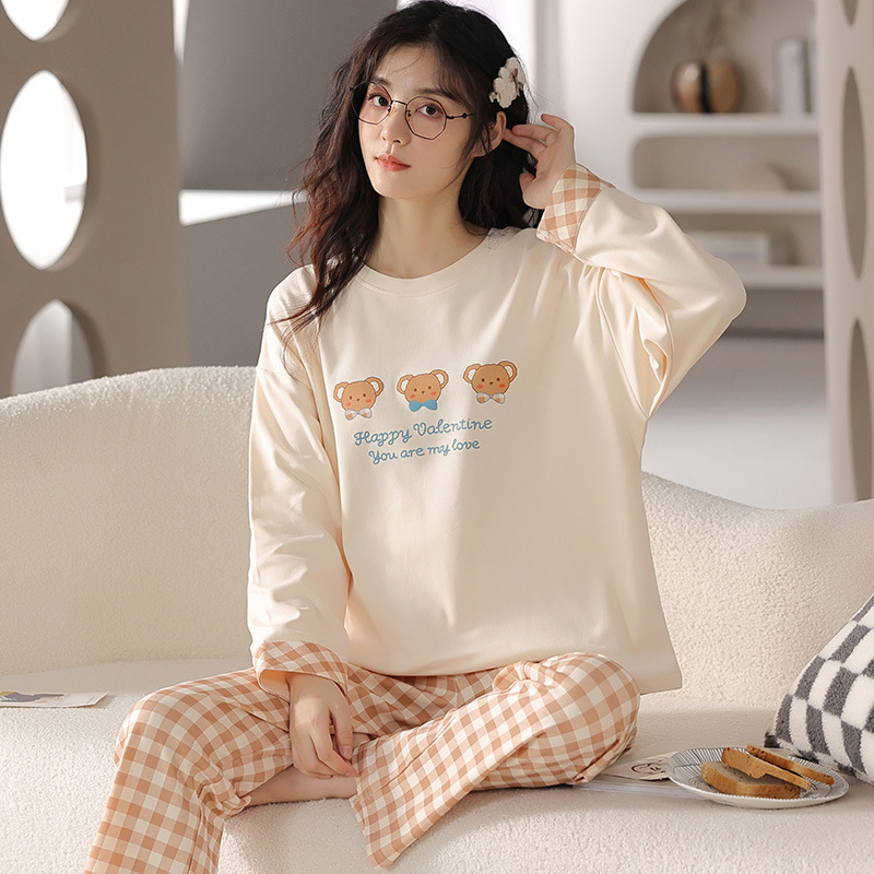 Pajamas Women's Spring and Autumn Knitted Cotton Long Sleeve Round Neck suit Cute Cartoon Loose plus size 2024 New Home Clothes