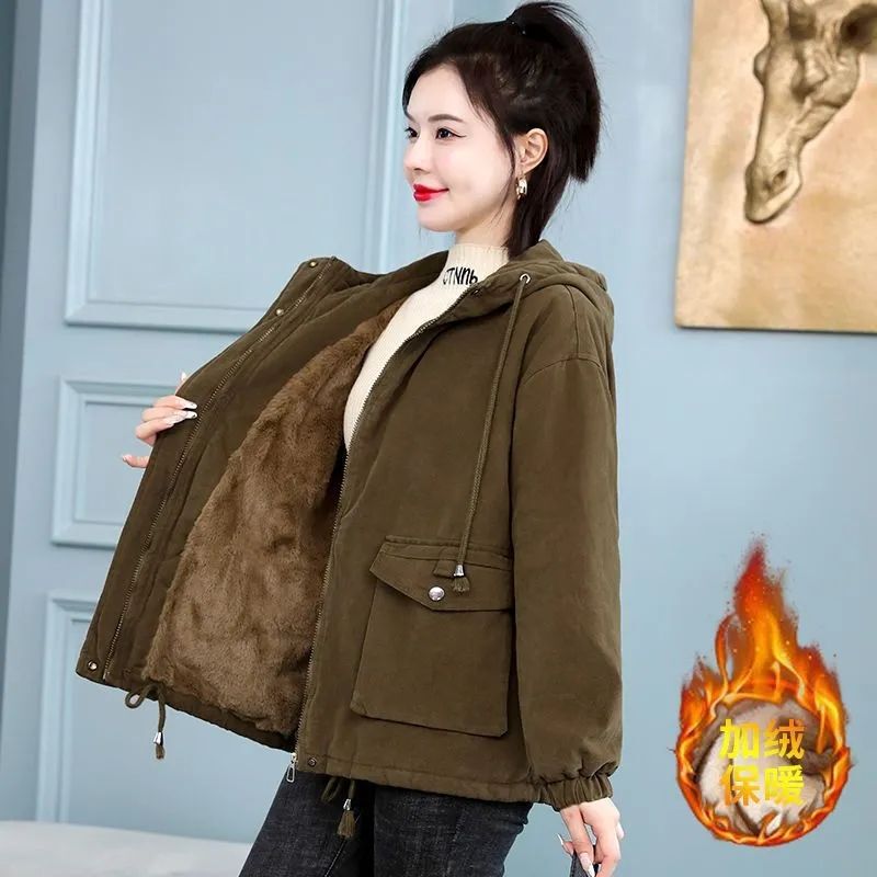 Parka Autumn and Winter Fleece-Lined Thickened Jacket for Women, Hooded Cotton Coat, Fashionable Casual Plus-Size Korean Style Petite Cotton Jacket